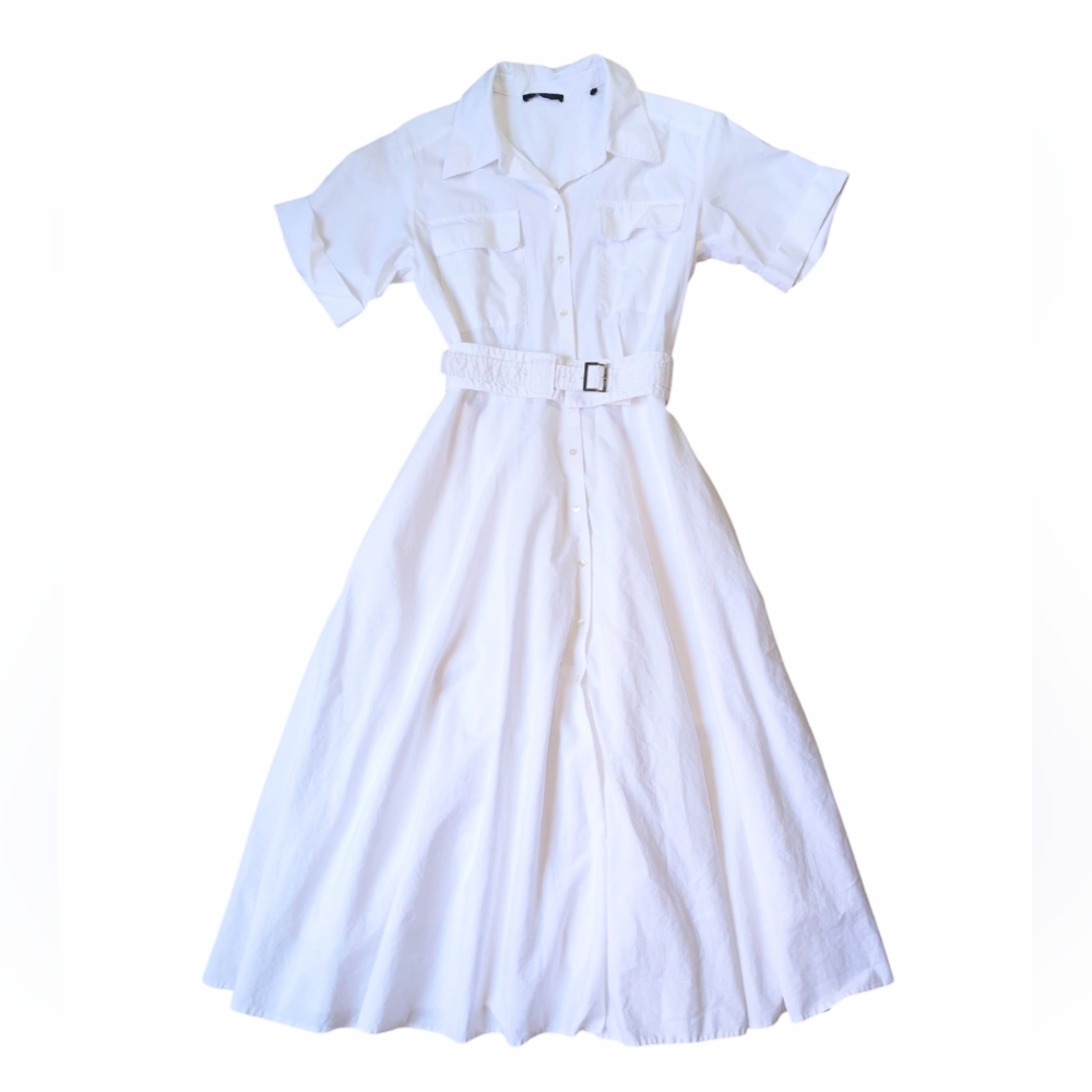 NEW CHARUEL White Cotton Button Front Belted Full Skirt Dress Women's Size 4